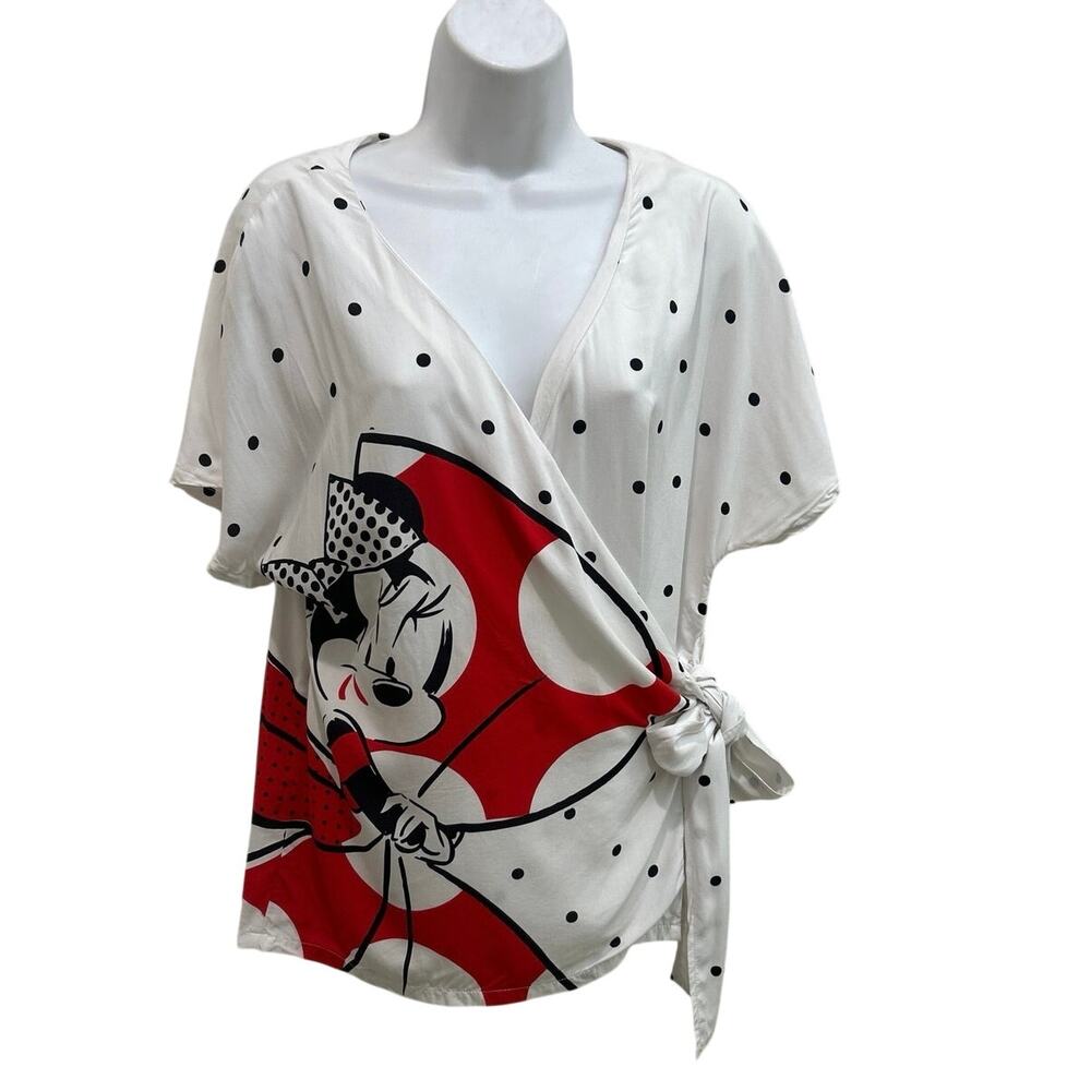 Disneyland Paris Minnie Mouse wrap top Blouse womens Small Wht/Red/blk Polkadot,